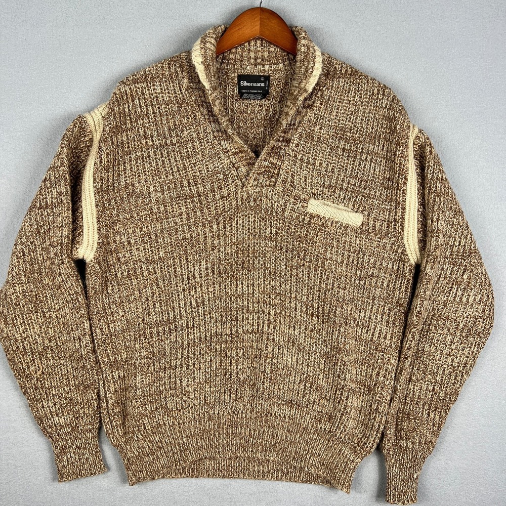 VTG Shawl Collar Knit Sweater Mens L Brown Marled Pullover 70s‎ 80s Silvermans